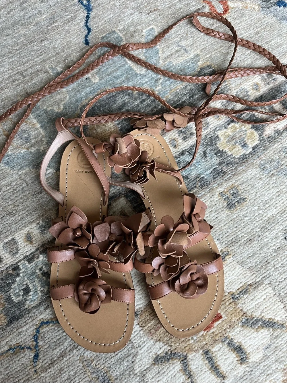 Tory Burch Brown Floral Leather Lace-Up Sandals